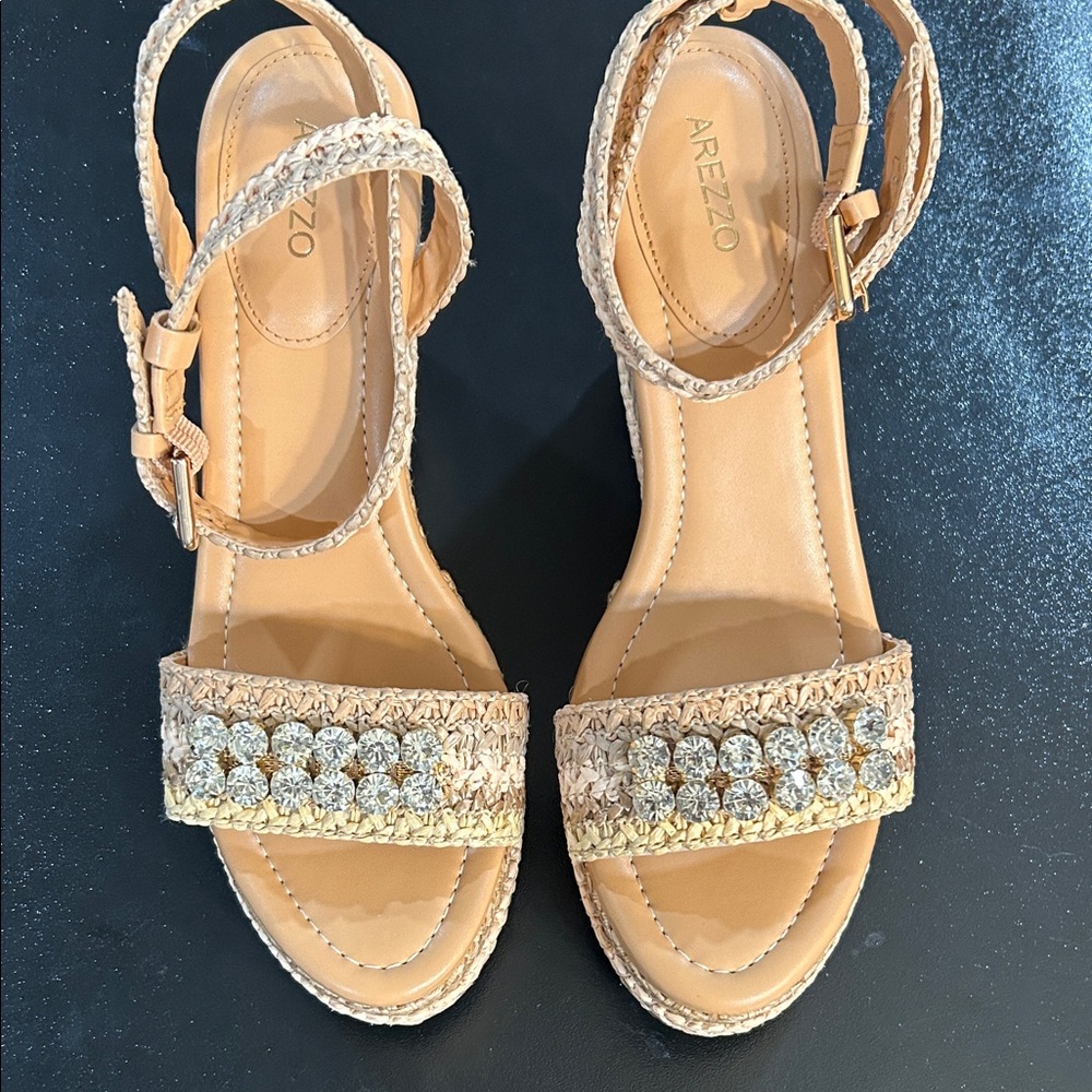 Tan Espadrille Sandals with Gold Accents